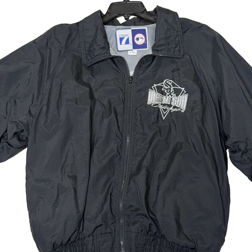 Logo 7 Chicago White Sox Windbreaker Jacket Large Black Vintage MLB Embroidered